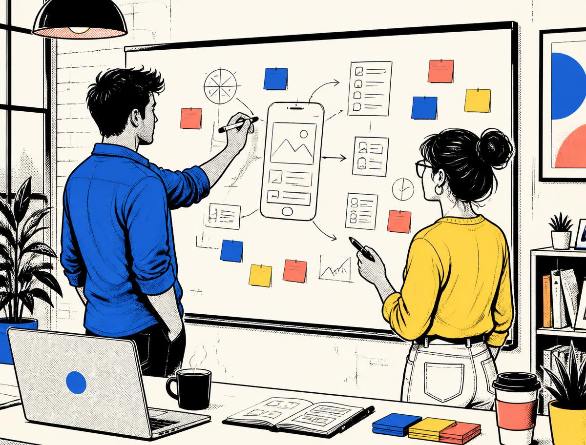 Founders planning a product on a studio whiteboard