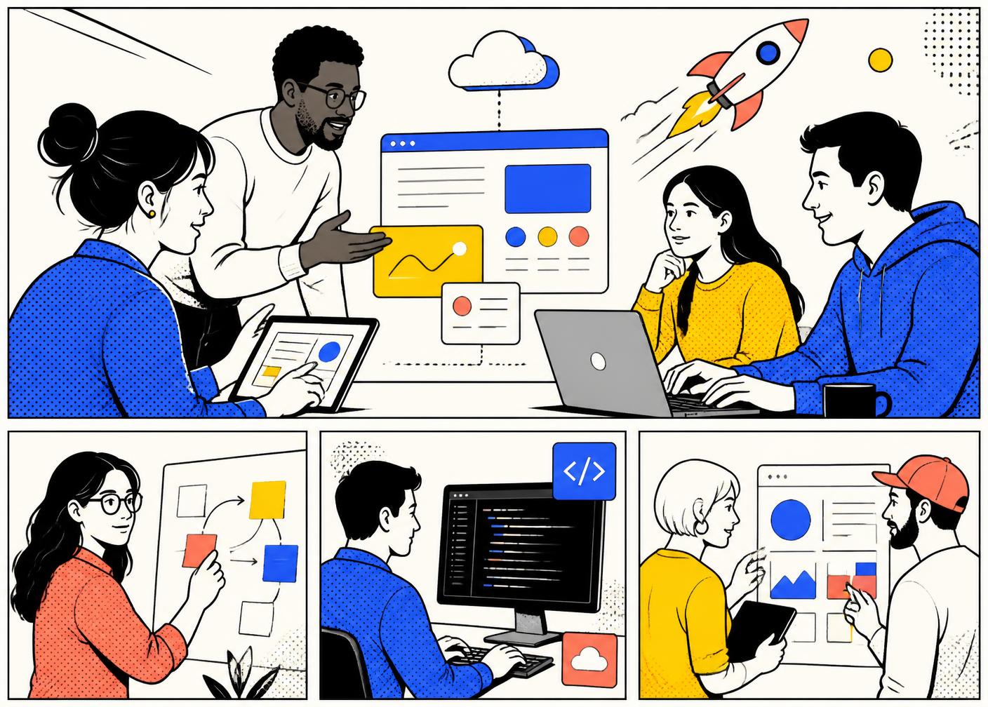 Illustrated comic panels of the Vishwakarma Technologies team designing and building software